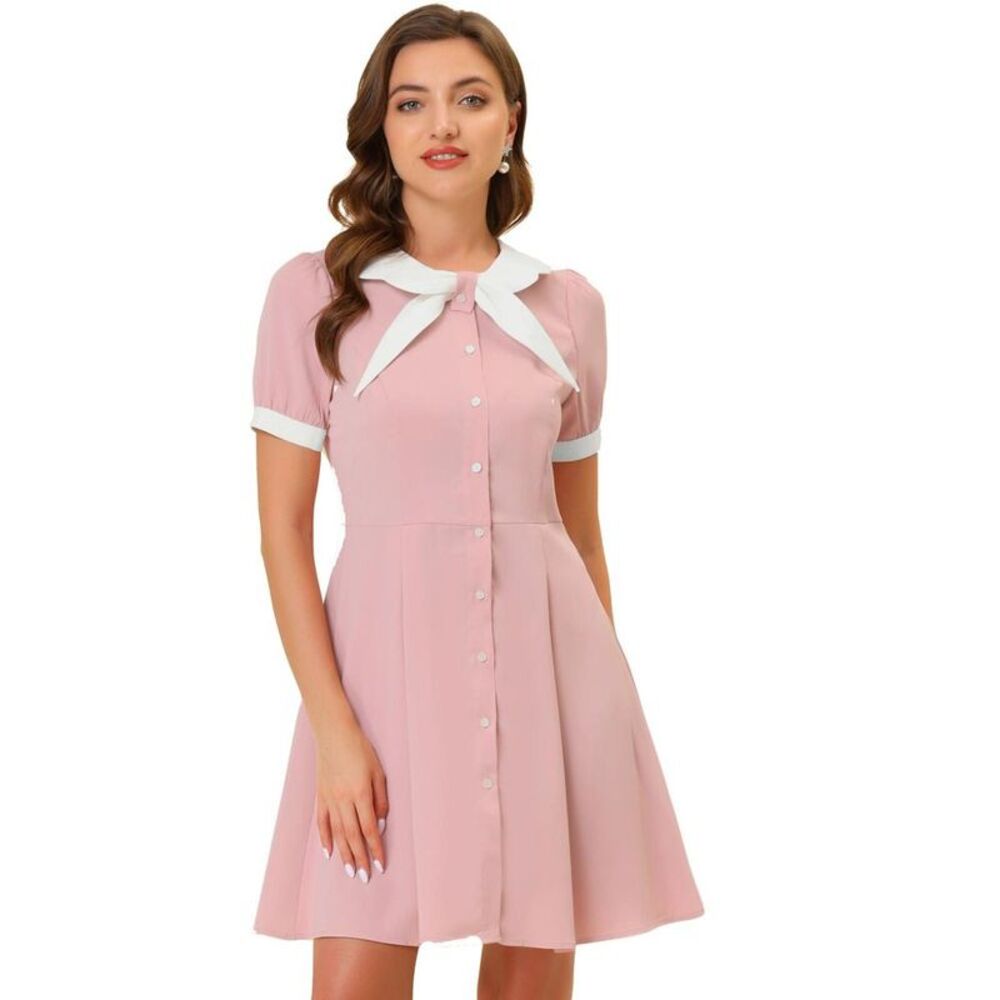 Allegra K -  Women's Fit and Flare Contrast Color Bow Pink
